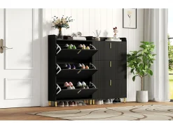 2 Armários de sapatos com três portas - 2 x 80 x 23,5 x 123,5 cm - com 6 compartimentos + dispositivo anti-tombamento - MDF - preto