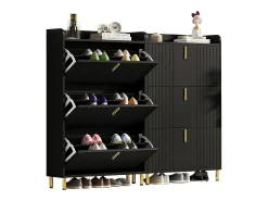 2 Armários de sapatos com três portas - 2 x 80 x 23,5 x 123,5 cm - com 6 compartimentos + dispositivo anti-tombamento - MDF - preto