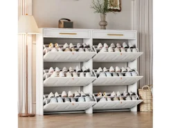 2 Armários de Sapatos Modernos - 2 x 70 x 25 x 123,5 cm - com 6 compartimentos + 1 gaveta - para hall de entrada e sala de estar - MDF - branco