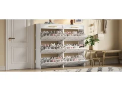 2 Armários de Sapatos Modernos - 2 x 70 x 25 x 123,5 cm - com 6 compartimentos + 1 gaveta - para hall de entrada e sala de estar - MDF - branco