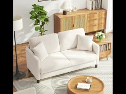2/3 assentos em Teddy Velvet, sofá de conforto à direita em madeira maciça, sofá com apoios de braços, 165x78x89cm, bege