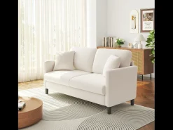 2/3 assentos em Teddy Velvet, sofá de conforto à direita em madeira maciça, sofá com apoios de braços, 165x78x89cm, bege