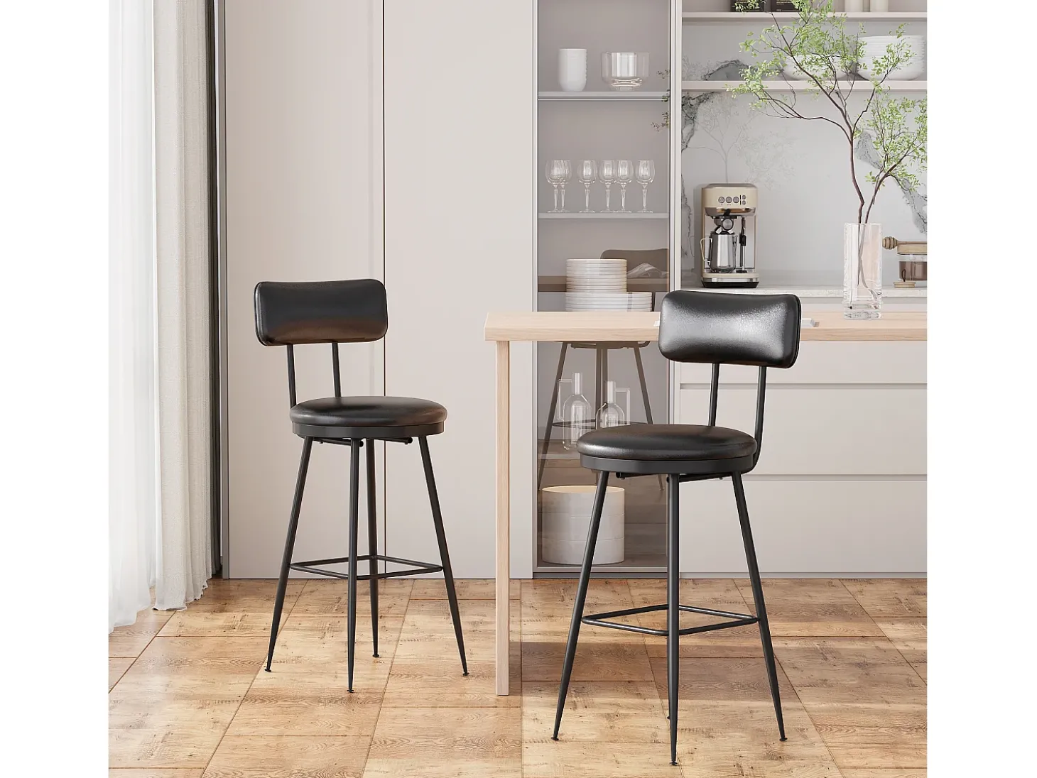 2 cadeiras de balcão pretas com encosto, couro sintético, altura do assento 65 cm, para cozinha