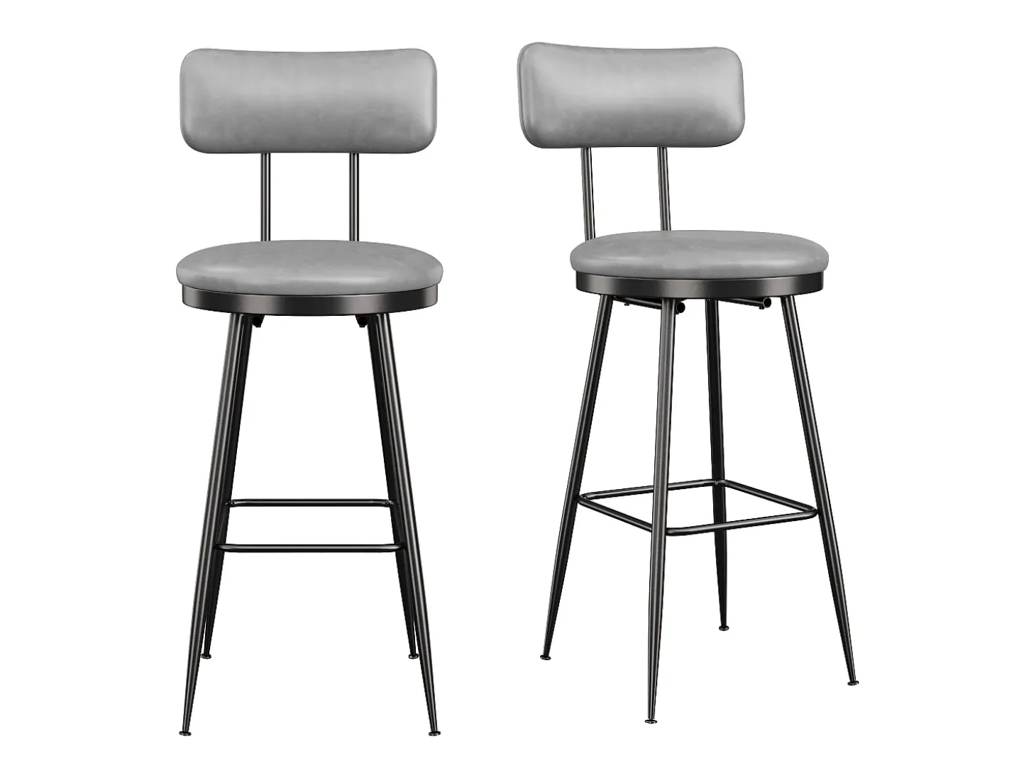 2 cadeiras de bar cinza com encosto, estilo industrial, altura do assento 65 cm, couro sintético