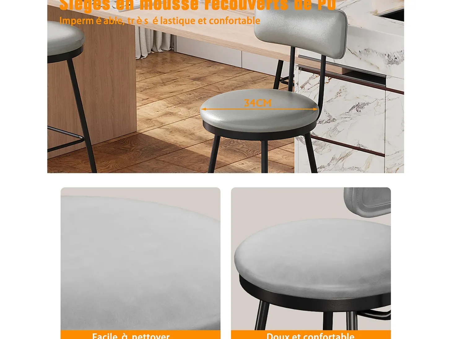 2 cadeiras de bar cinza com encosto, estilo industrial, altura do assento 65 cm, couro sintético