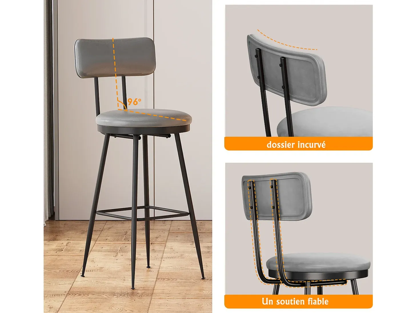 2 cadeiras de bar cinza com encosto, estilo industrial, altura do assento 65 cm, couro sintético