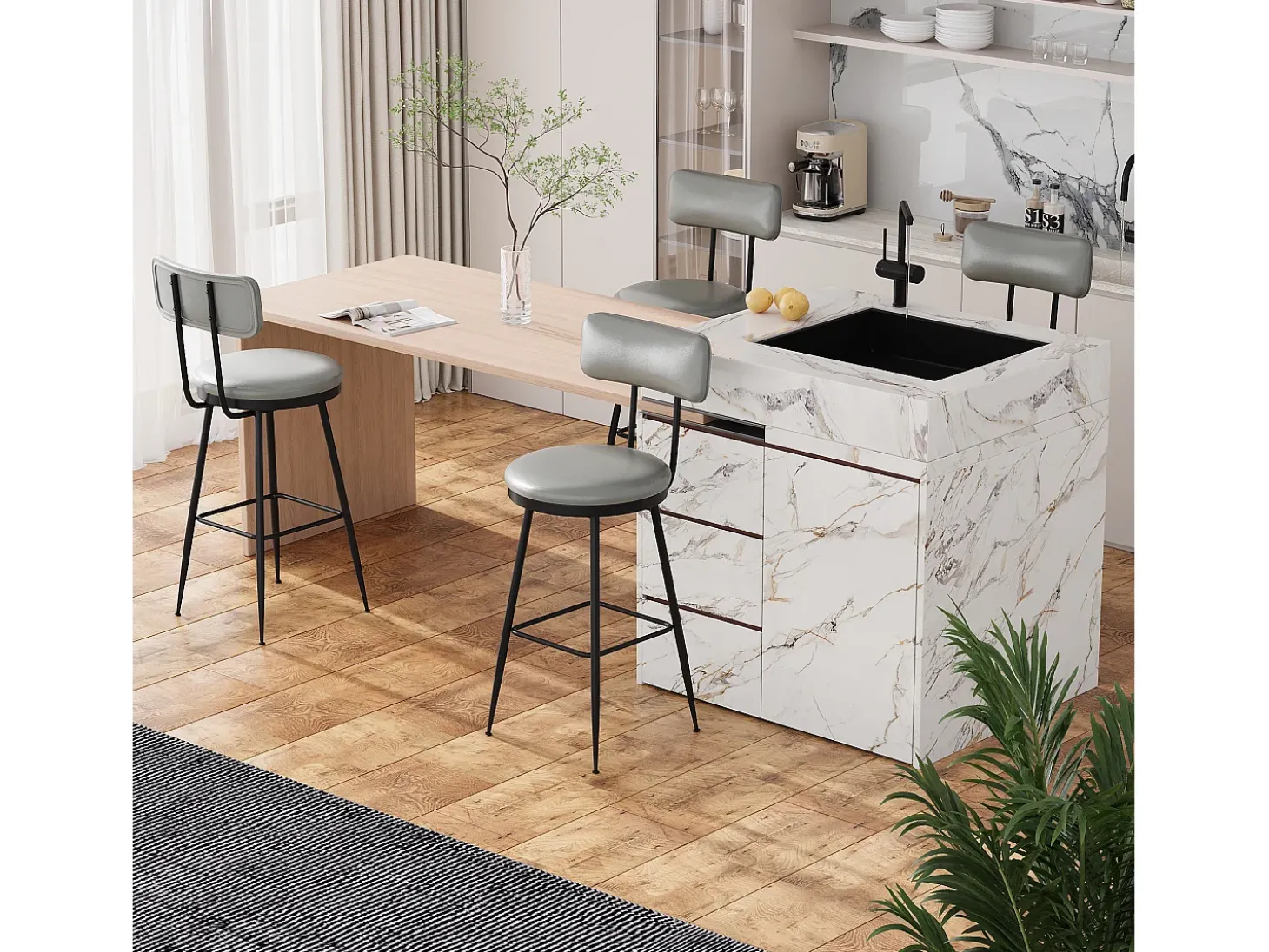 2 cadeiras de bar cinza com encosto, estilo industrial, altura do assento 65 cm, couro sintético