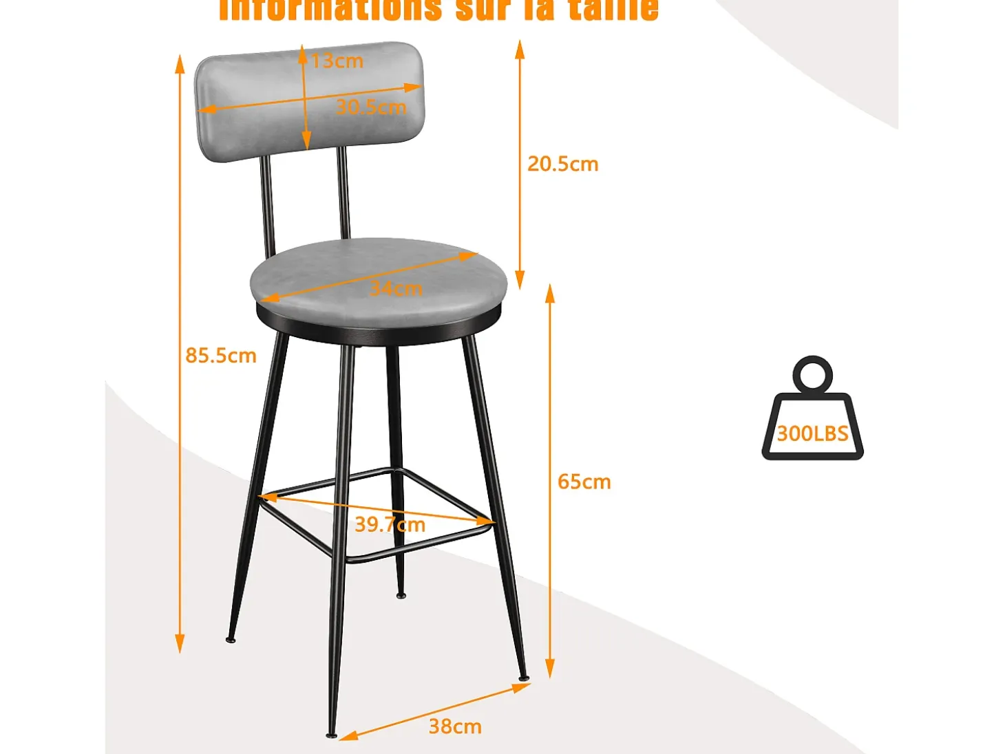 2 cadeiras de bar cinza com encosto, estilo industrial, altura do assento 65 cm, couro sintético