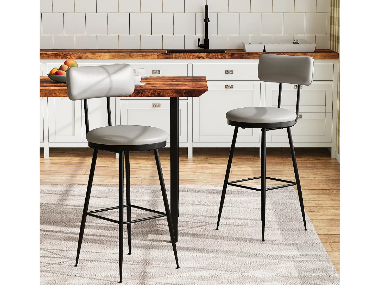 2 cadeiras de bar cinza com encosto, estilo industrial, altura do assento 65 cm, couro sintético