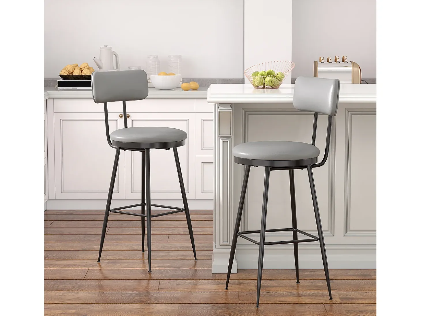 2 cadeiras de bar cinza com encosto, estilo industrial, altura do assento 65 cm, couro sintético
