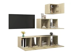 4 pcs conjunto de móveis de TV contraplacado carvalho sonoma PT387123