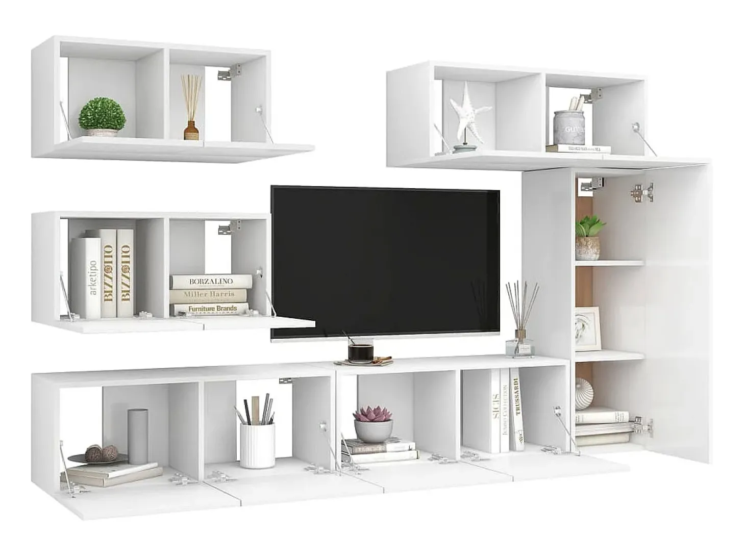 6 pcs conjunto de móveis de TV derivados de madeira branco PT899392