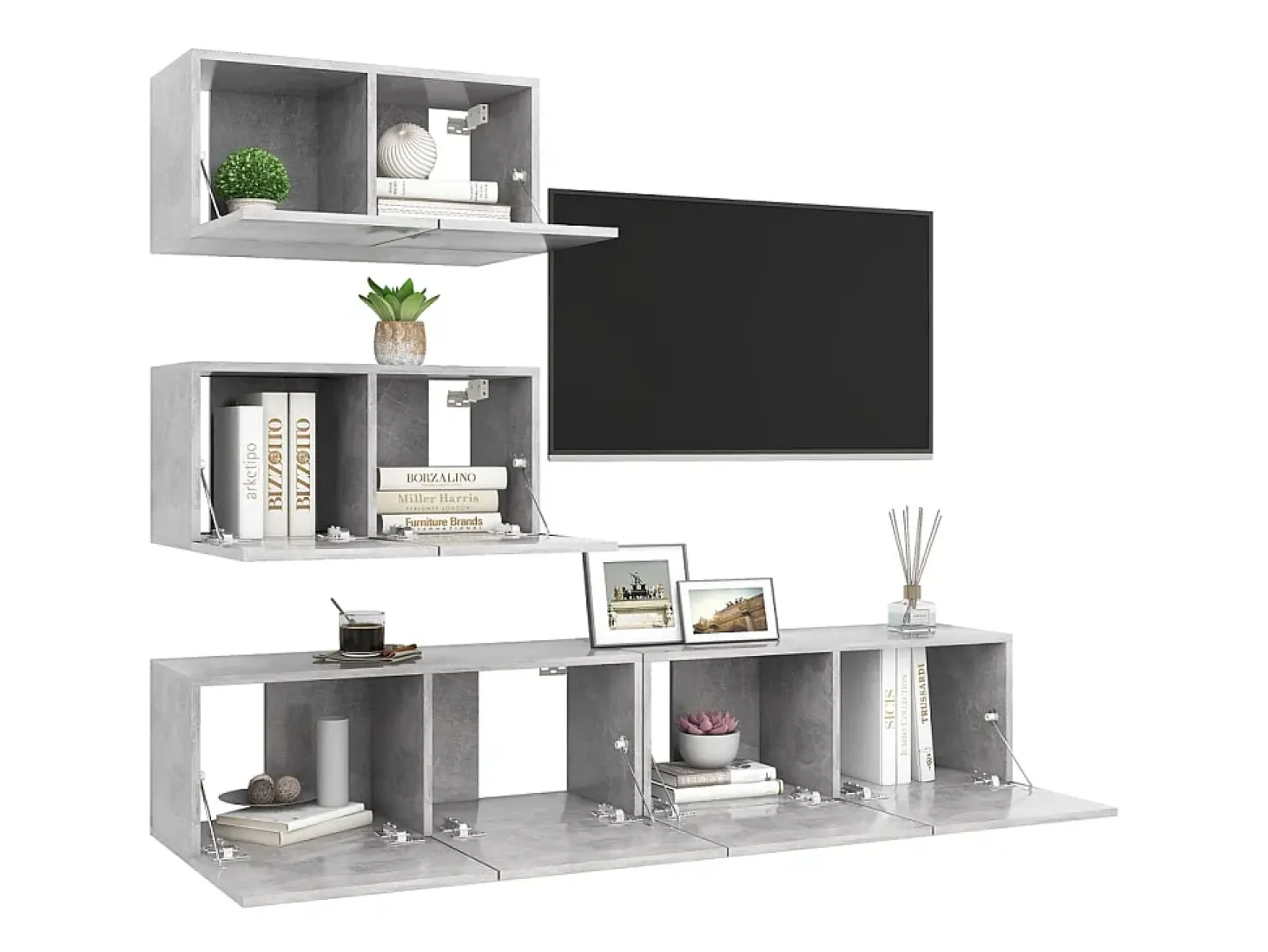 4 pcs conjunto de móveis de TV derivados madeira cinza cimento PT799057