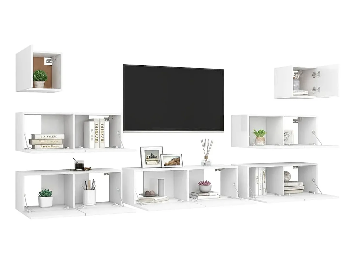 7 pcs conjunto de móveis de TV derivados de madeira branco PT346353