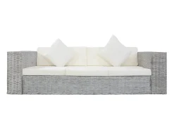 2 pcs conjunto de sofás com almofadões vime natural cinzento
