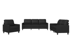 3 pcs conjunto de sofás com almofadões couro artificial preto