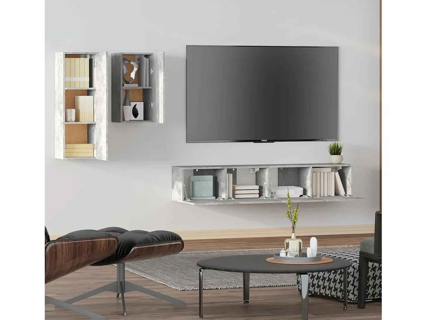 4 pcs conjunto móveis TV derivados de madeira cinzento cimento PT910009