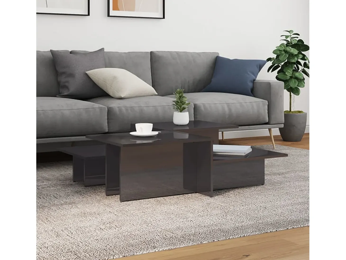 2 pcs Mesas de centro | Mesa de apoio | Mesa de café derivados de madeira cinzento brilhante