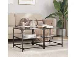 2 pcs Mesas de centro | Mesa de apoio | Mesa de café c/ topo em vidro preto 50x50x45 cm aço
