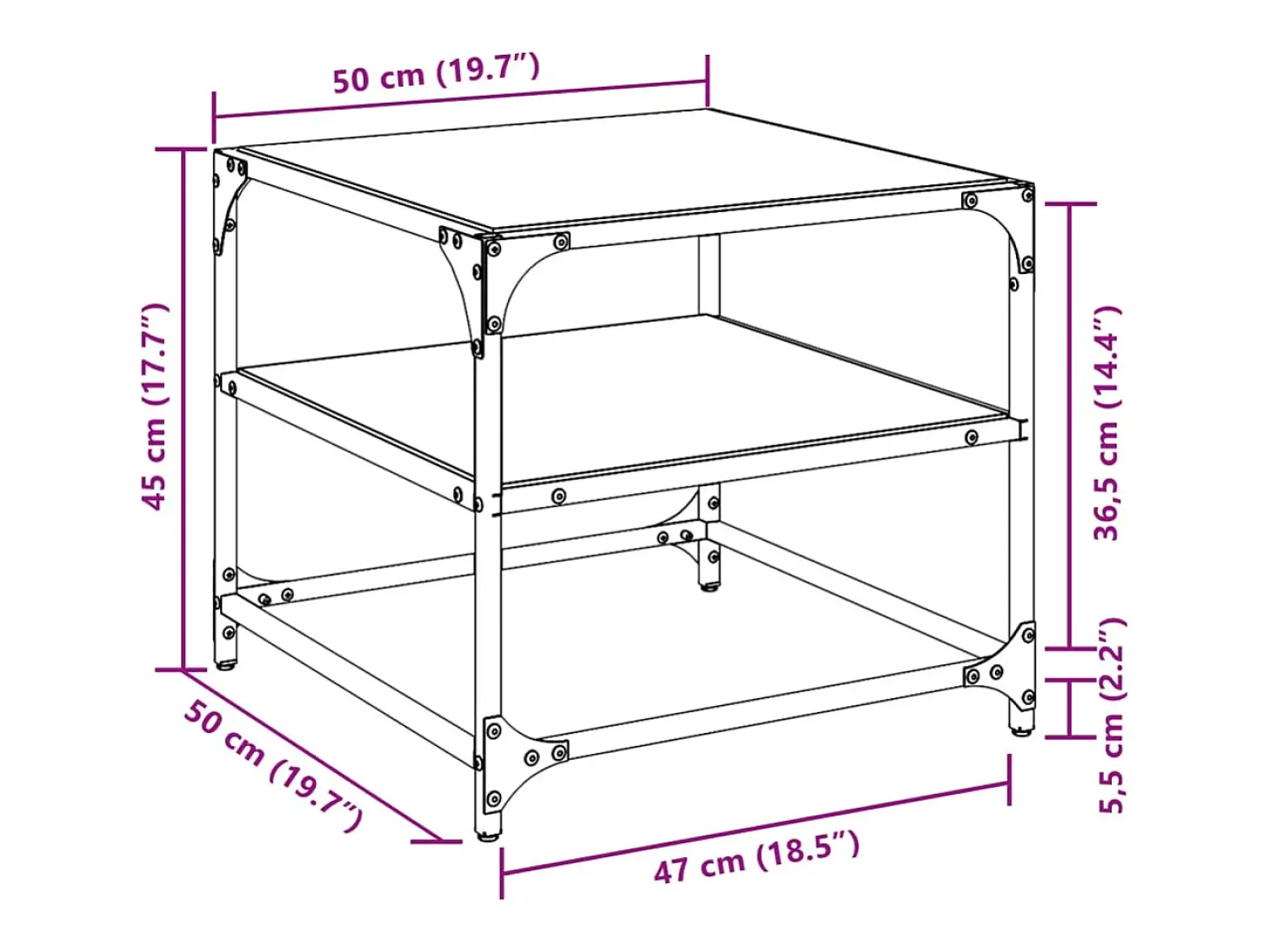 2 pcs Mesas de centro | Mesa de apoio | Mesa de café c/ topo em vidro preto 50x50x45 cm aço