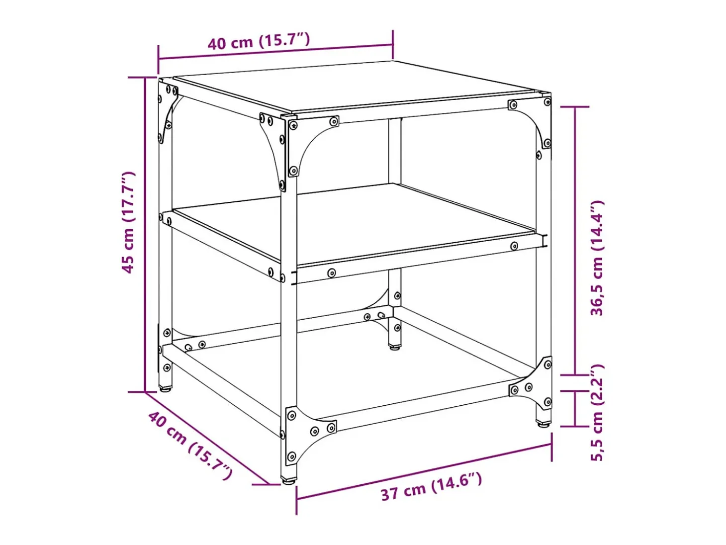 2 pcs Mesas de centro | Mesa de apoio | Mesa de café c/ topo vidro transparente 40x40x45cm aço
