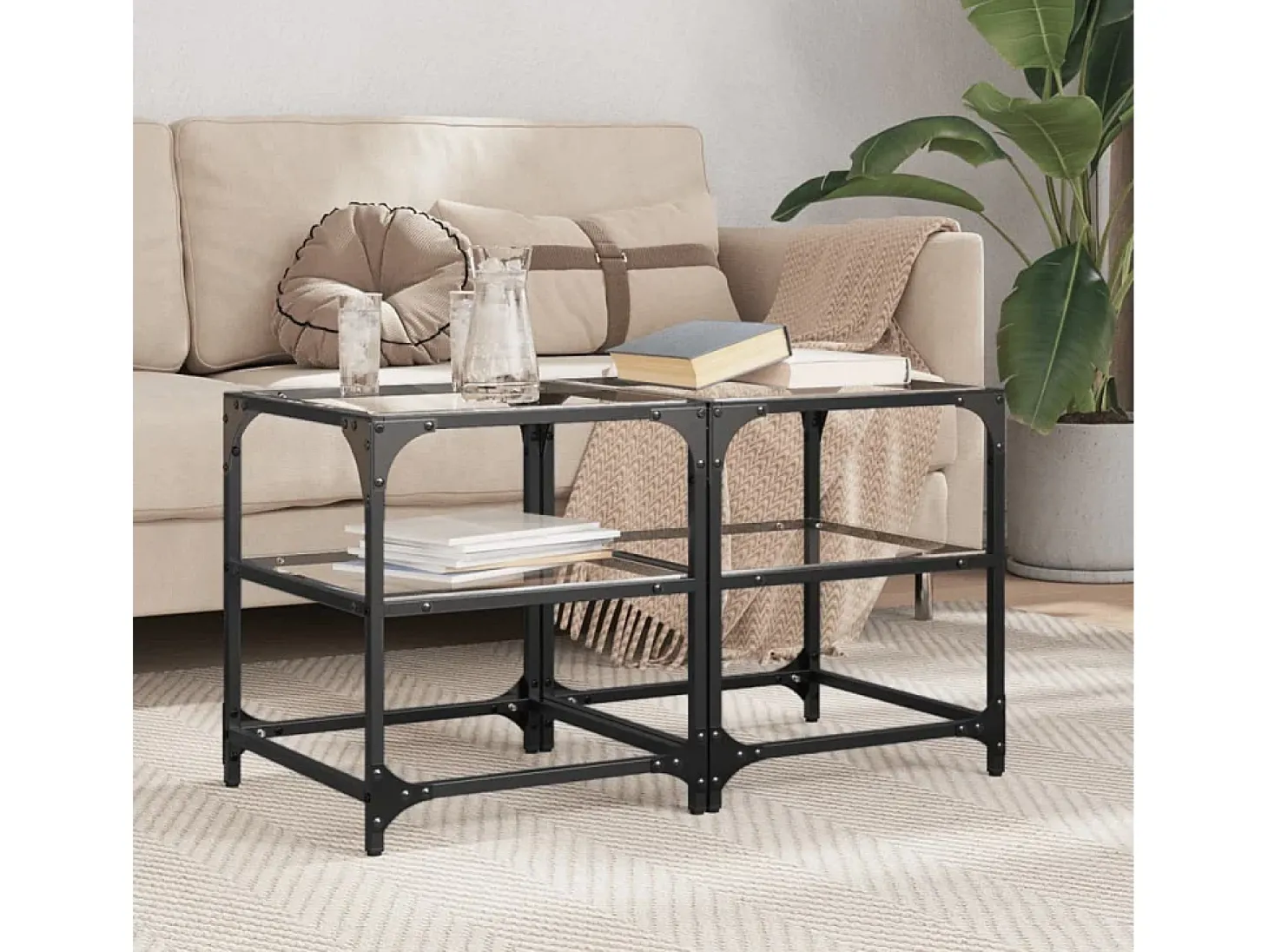 2 pcs Mesas de centro | Mesa de apoio | Mesa de café c/ topo vidro transparente 40x40x45cm aço