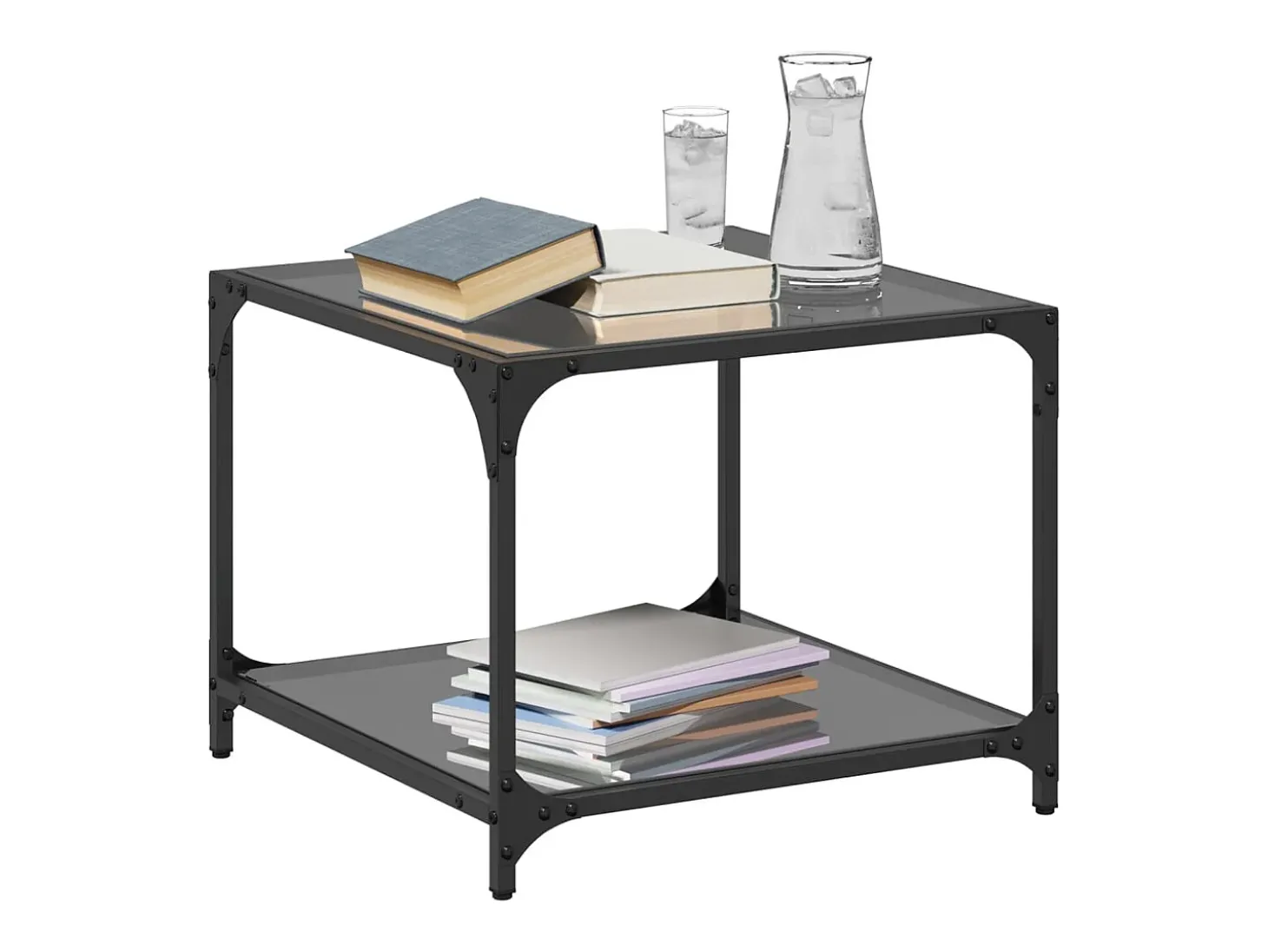 2 pcs Mesas de centro | Mesa de apoio | Mesa de café c/ topo em vidro preto 50x50x40 cm aço
