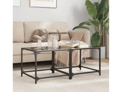 2 pcs Mesas de centro | Mesa de apoio | Mesa de café c/ topo em vidro preto 50x50x40 cm aço