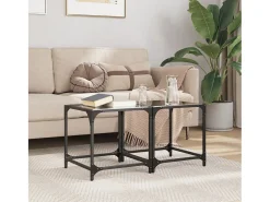 2 pcs Mesas de centro | Mesa de apoio | Mesa de café c/ topo em vidro preto 40x40x40 cm aço