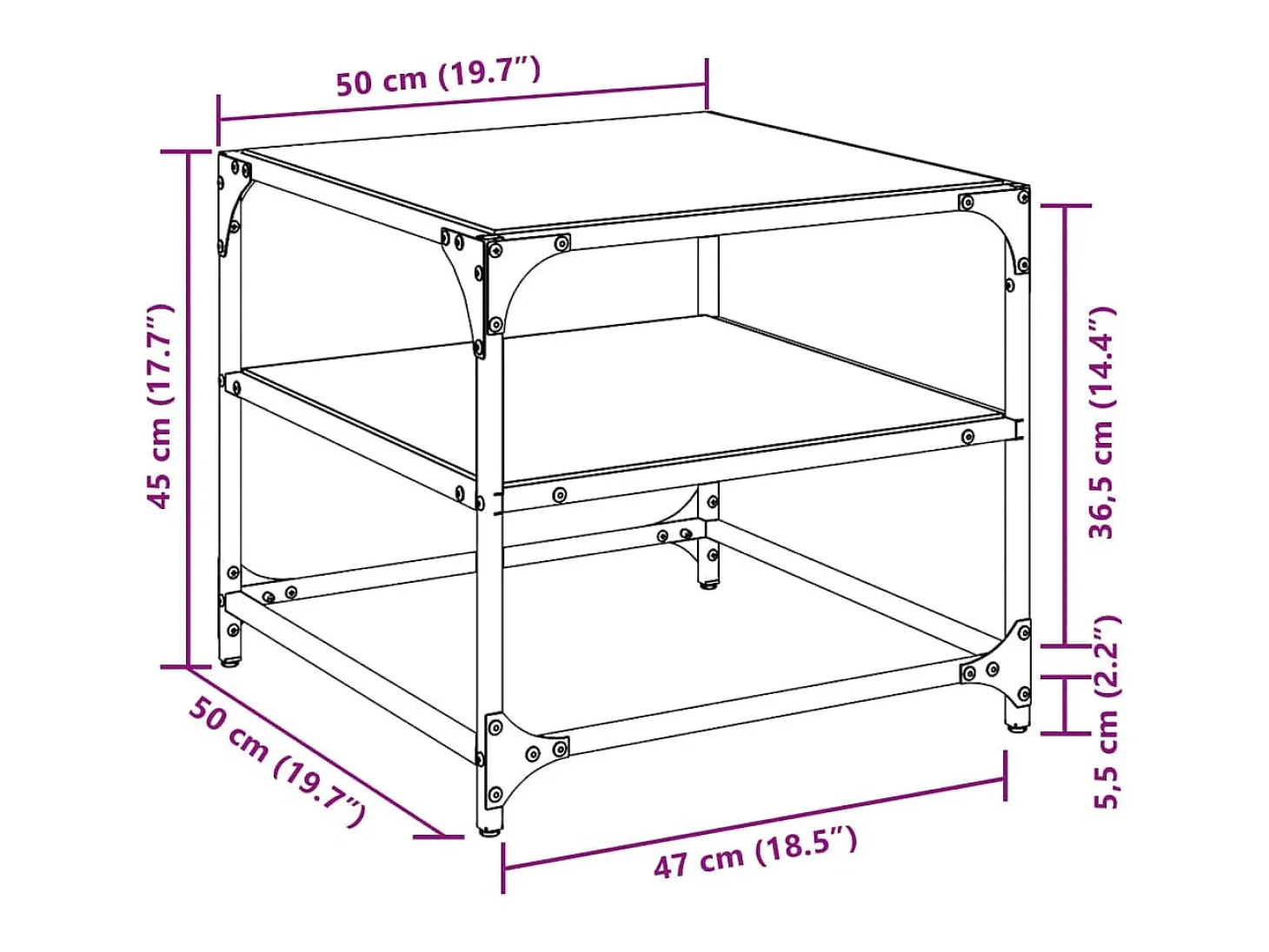 2 pcs Mesas de centro | Mesa de apoio | Mesa de café c/ topo vidro transparente 50x50x45cm aço