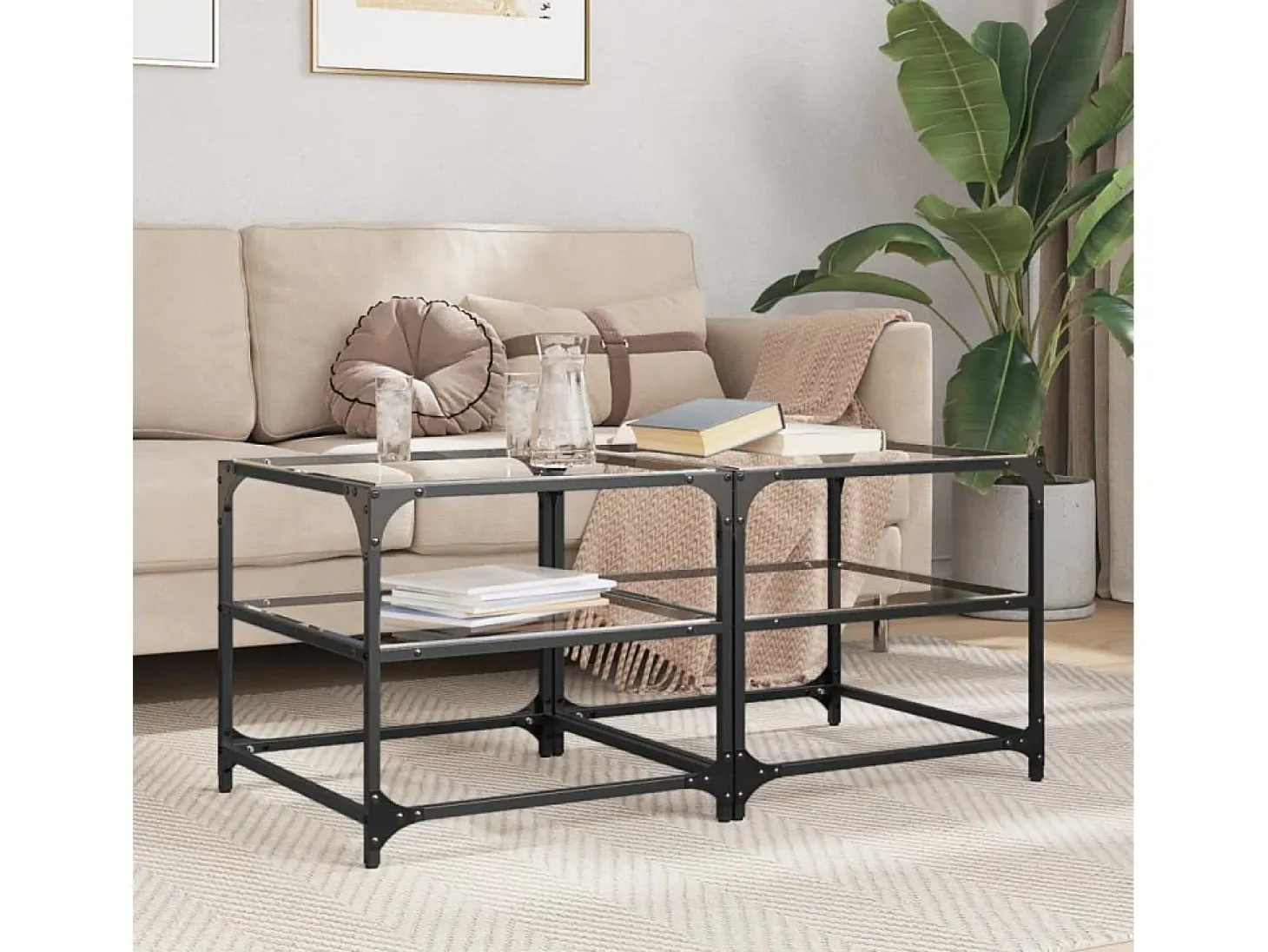 2 pcs Mesas de centro | Mesa de apoio | Mesa de café c/ topo vidro transparente 50x50x45cm aço