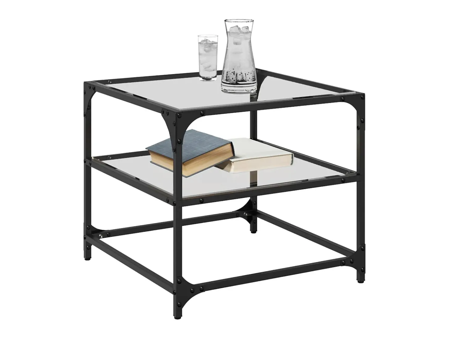 2 pcs Mesas de centro | Mesa de apoio | Mesa de café c/ topo vidro transparente 50x50x45cm aço