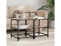 2 pcs Mesas de centro | Mesa de apoio | Mesa de café c/ topo em vidro preto 40x40x45 cm aço