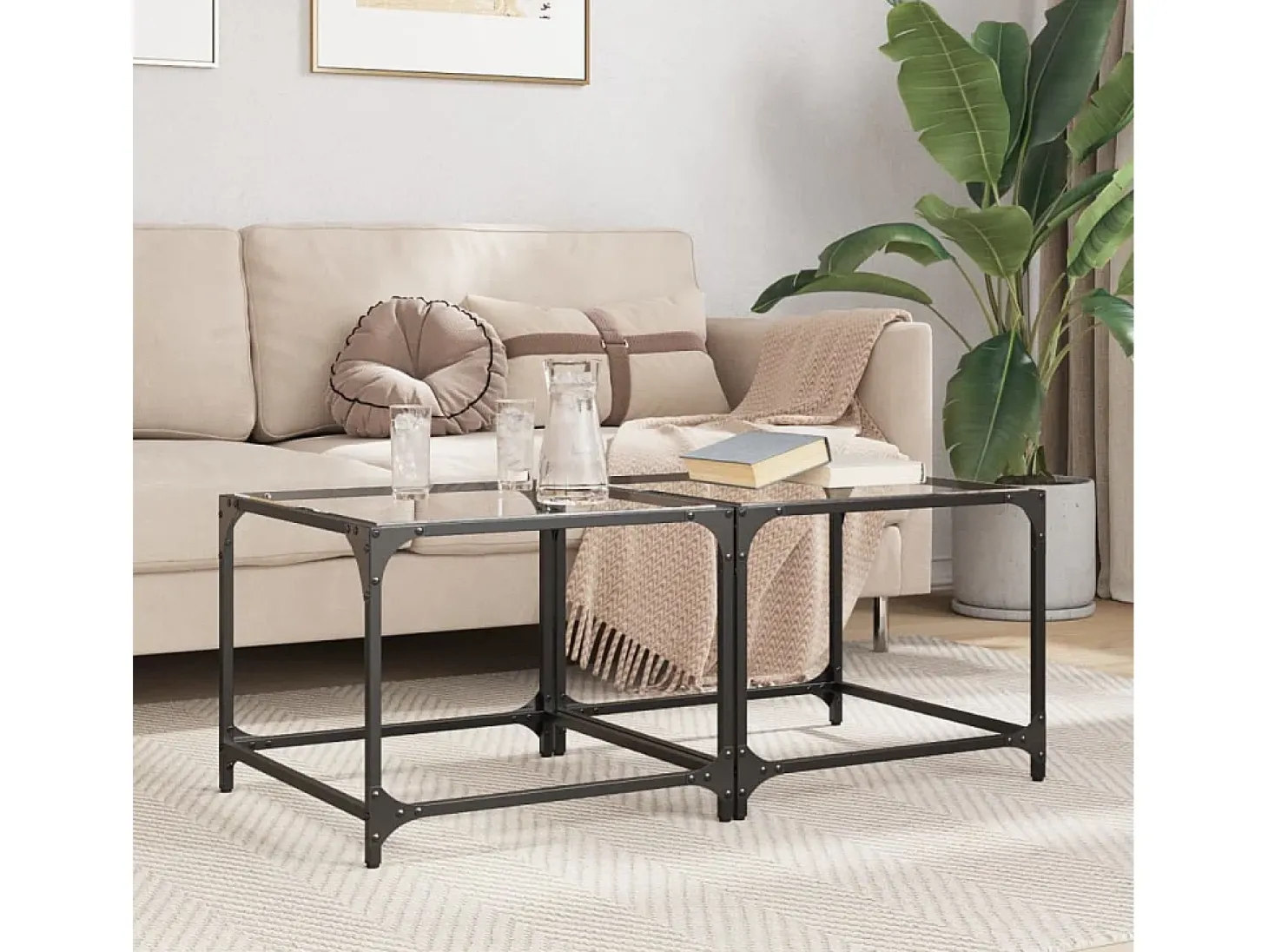 2 pcs Mesas de centro | Mesa de apoio | Mesa de café c/ topo vidro transparente 50x50x40cm aço