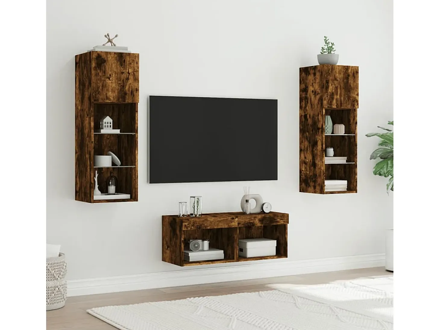 4 pcs móveis de parede para TV com luzes LED carvalho fumado