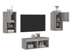4 pcs móveis de parede para TV com luzes LED cinzento sonoma