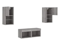 4 pcs móveis de parede para TV com luzes LED cinzento sonoma