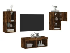 4 pcs móveis de parede para TV com luzes LED carvalho fumado