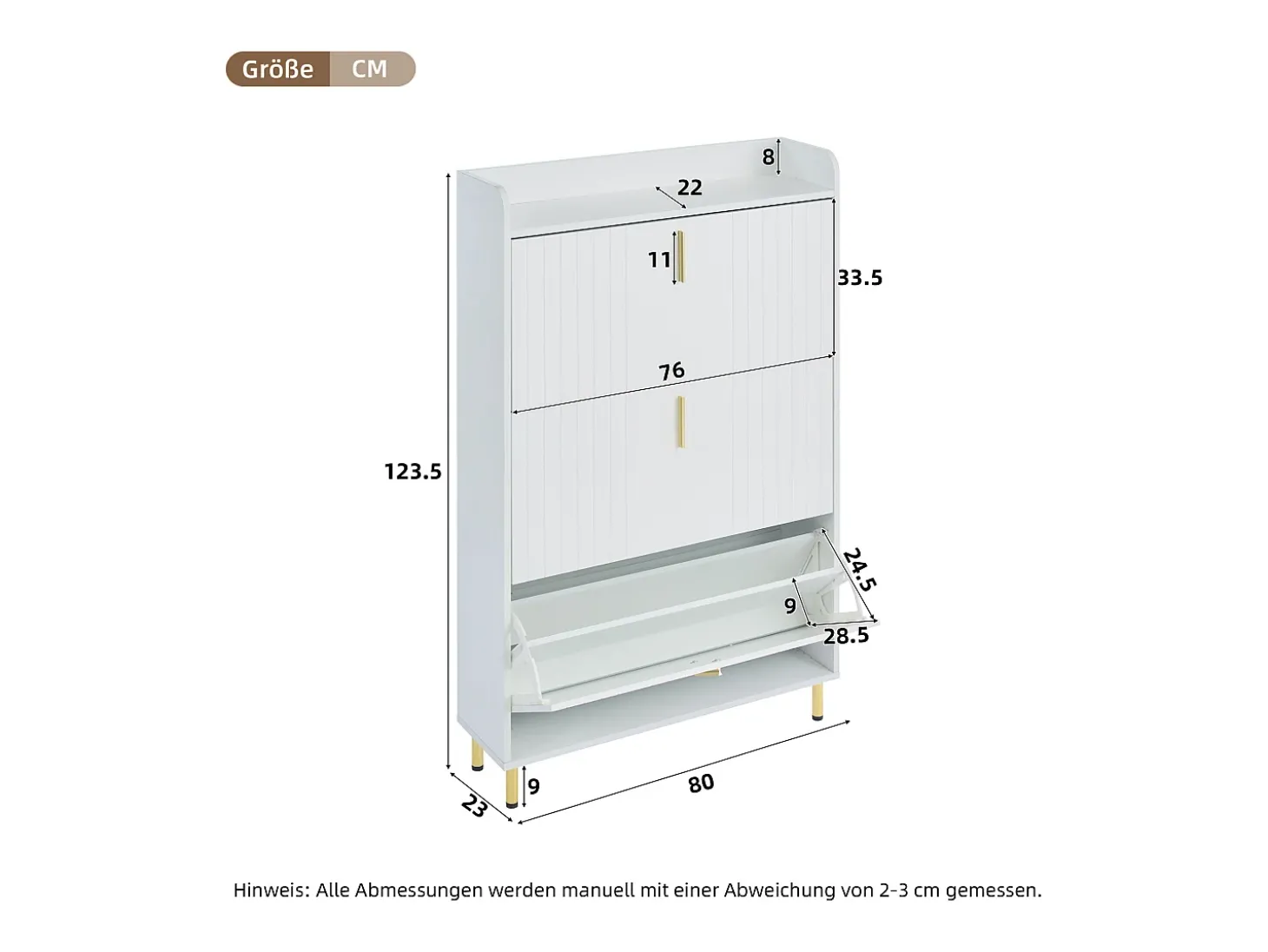 2 sapateiras de 3 portas - 2 x 80 x 23 x 123,5 cm - prateleira ajustável com 6 compartimentos - MDF - branco