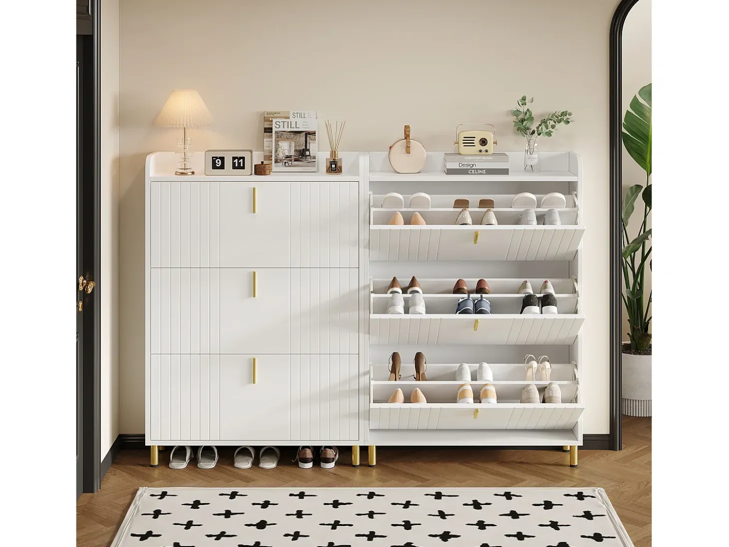 2 sapateiras de 3 portas - 2 x 80 x 23 x 123,5 cm - prateleira ajustável com 6 compartimentos - MDF - branco