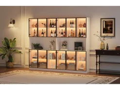 2 Vitrines Altas Modernas de Vidro - 120 x 34 x 200 cm - com LEDs + 6 Portas + Prateleira - Aglomerado - Branco