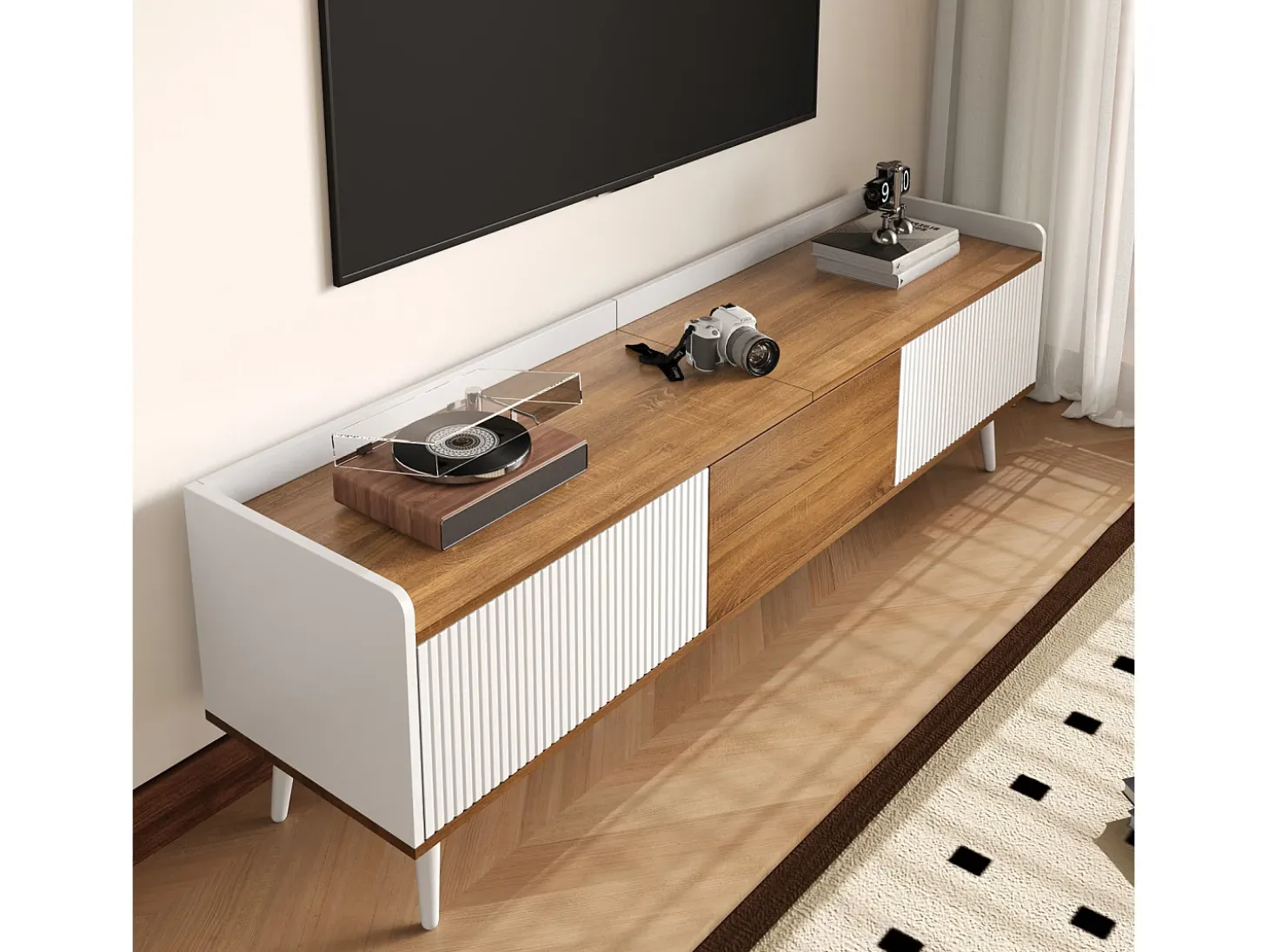 Aparador baixo de 3 portas com prateleira, 160 cm de altura, para TV, moderno, ideal para sala de estar, na cor branca.