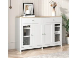 Aparador com acabamento em madeira branca, 4 portas, 2 gavetas e portas de vidro, ideal para sala de estar/jantar.