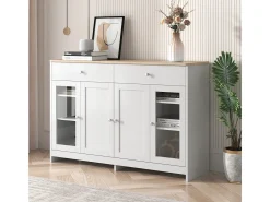 Aparador com acabamento em madeira branca, 4 portas, 2 gavetas e portas de vidro, ideal para sala de estar/jantar.