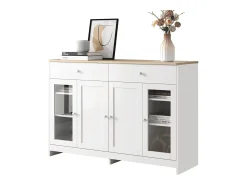 Aparador com acabamento em madeira branca, 4 portas, 2 gavetas e portas de vidro, ideal para sala de estar/jantar.