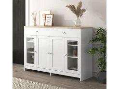 Aparador com acabamento em madeira branca, 4 portas, 2 gavetas e portas de vidro, ideal para sala de estar/jantar.