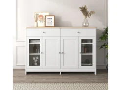 Aparador com acabamento em madeira branca, 4 portas, 2 gavetas e portas de vidro, ideal para sala de estar/jantar.