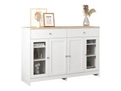 Aparador com acabamento em madeira branca, 4 portas, 2 gavetas e portas de vidro, ideal para sala de estar/jantar.