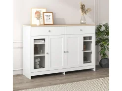 Aparador com acabamento em madeira branca, 4 portas, 2 gavetas e portas de vidro, ideal para sala de estar/jantar.