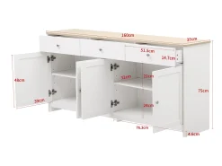 Aparador com acabamento em madeira branca, armário de cozinha com bancada, 160 x 37 x 75 cm, branco